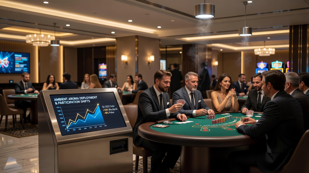 Close-up of table game area showing players engaged during aroma deployment period