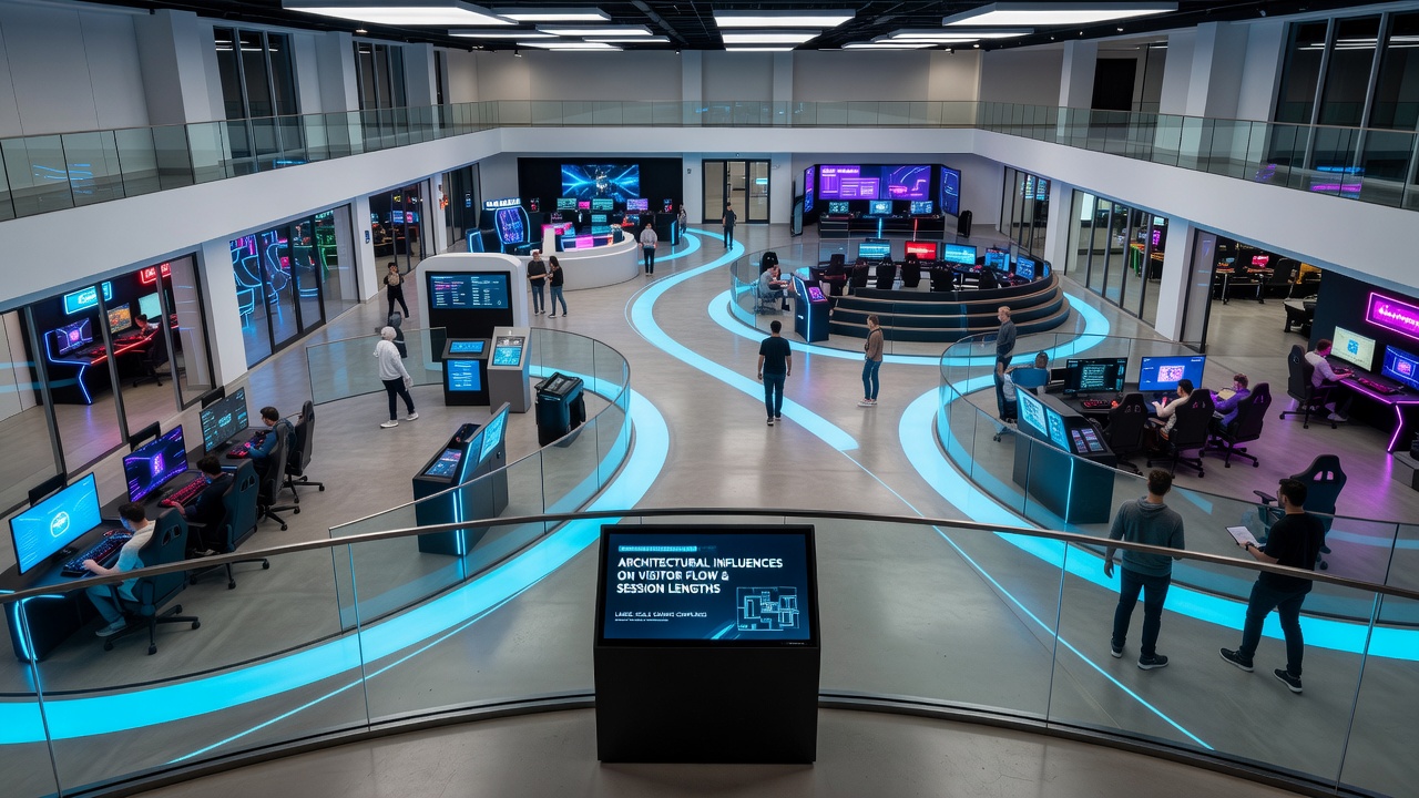 Multi-level gaming floor with escalators, thematic zoning, and visitor navigation points