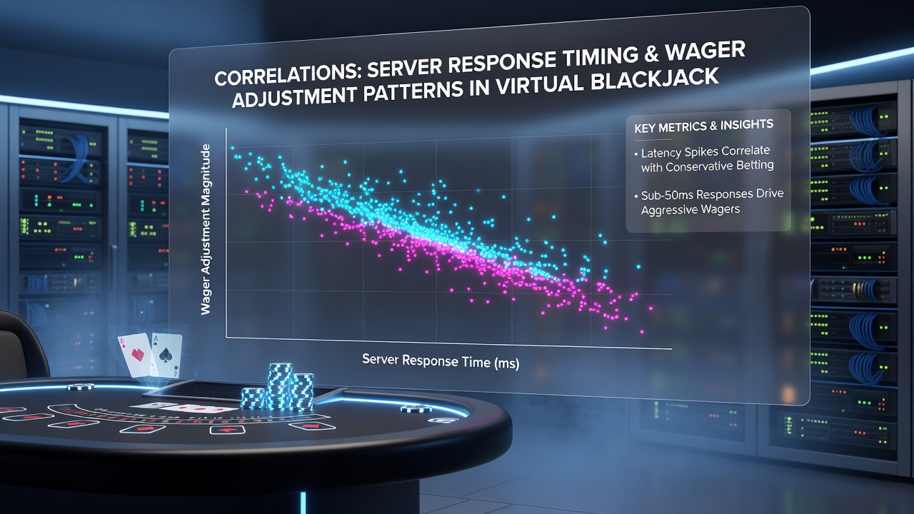 Graphs and charts illustrating wager size distributions plotted against server response time intervals in virtual blackjack data sets