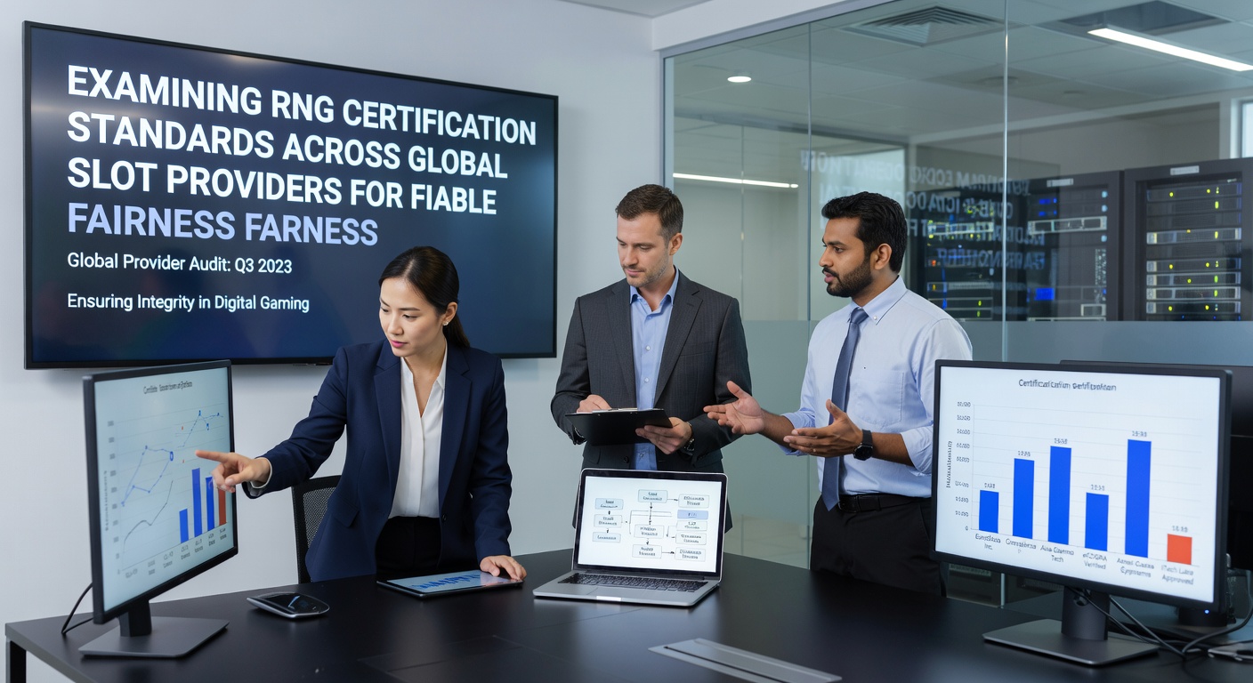 Auditor reviewing RNG test results on multiple computer screens in a certification facility