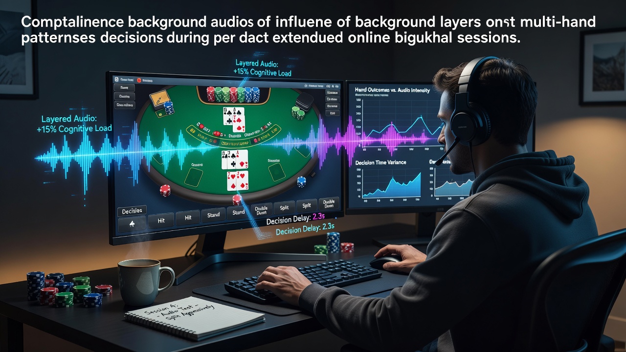 Online blackjack interface showing multiple hands with background audio controls visible in a digital casino environment
