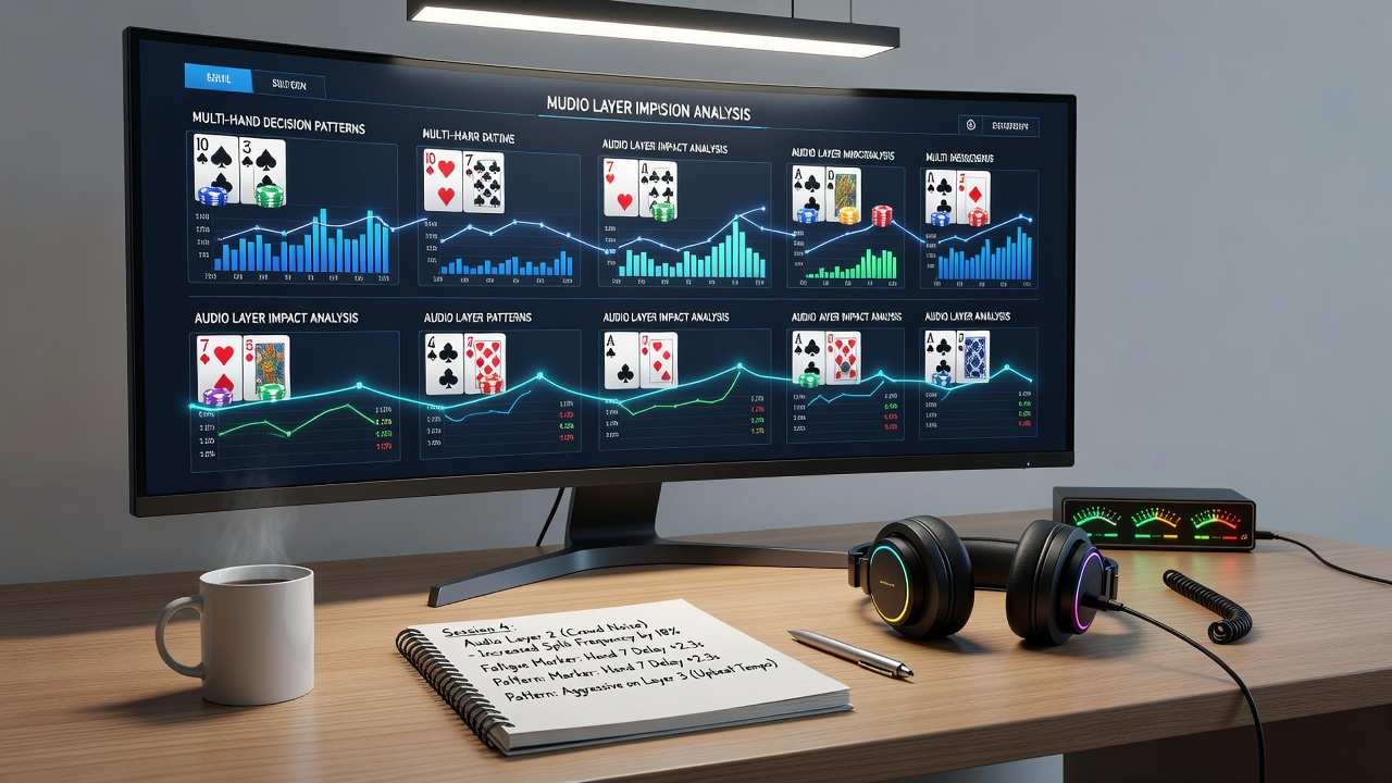 Graph displaying decision timing variations in multi-hand blackjack sessions under different audio conditions