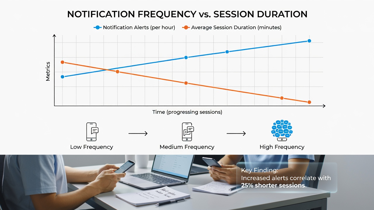 Data visualization showing session duration metrics correlated with different notification frequency levels