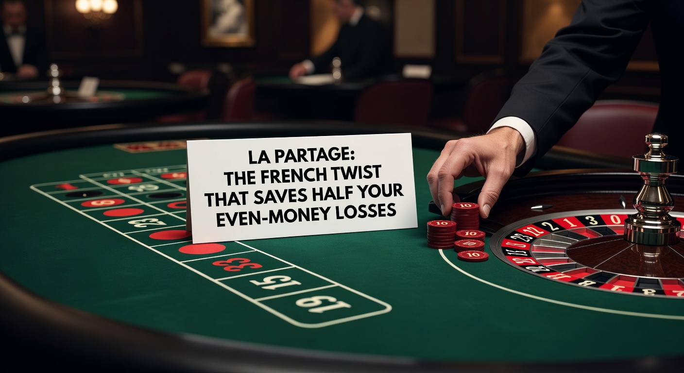 A vibrant roulette table in a French casino, with the wheel spinning and chips stacked on even-money bets like red and black