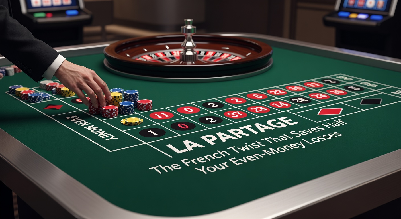 Close-up of a roulette wheel landing on zero, with chips on even-money bets and a croupier preparing to apply La Partage