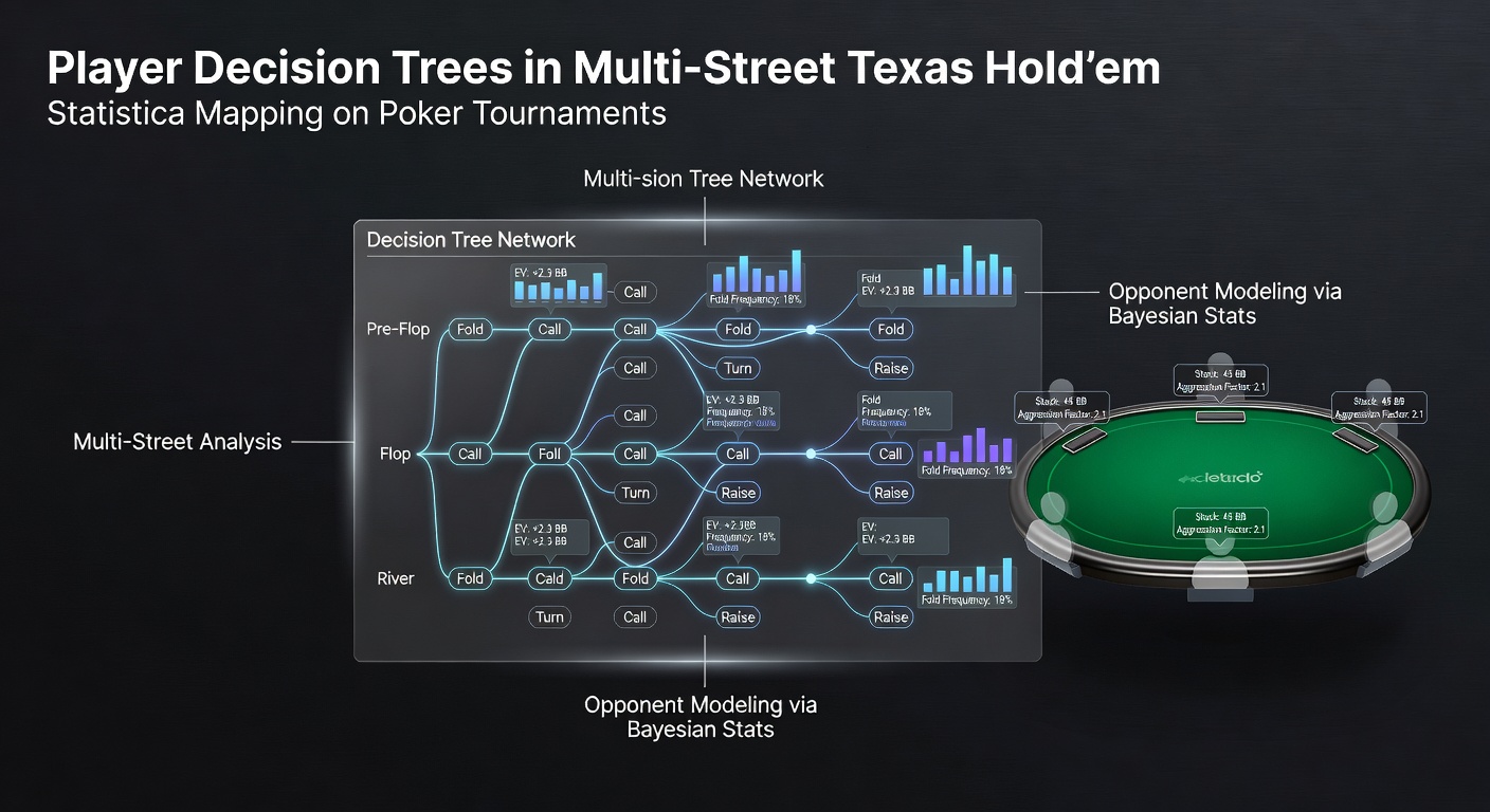 Statistical analysis of poker decision trees displayed on a digital interface with probability charts and player action nodes