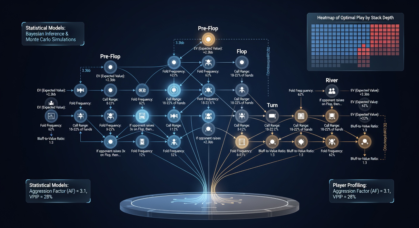Detailed flowchart showing multi-street poker decision branches with statistical probability overlays and tournament payout indicators