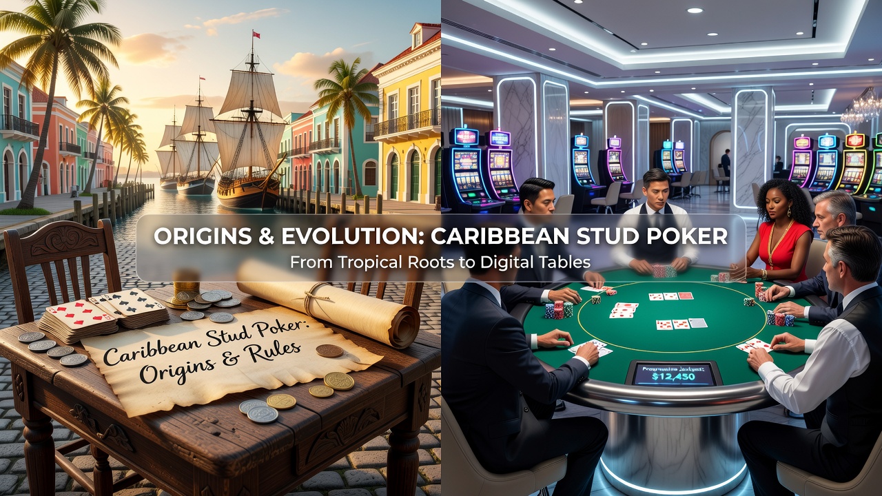 Historical image showing early Caribbean Stud Poker tables in Aruba casinos during the 1980s