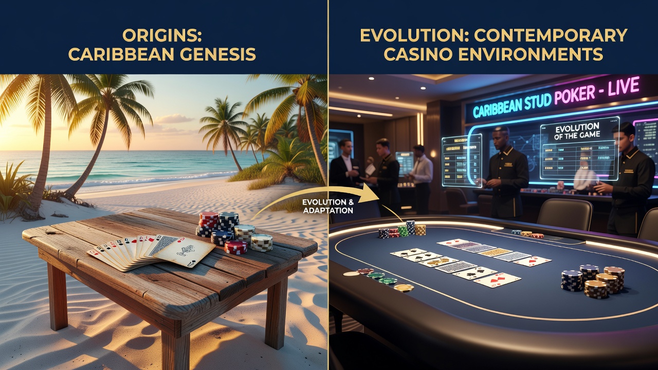 Modern casino floor showing Caribbean Stud Poker tables integrated with live dealer technology and digital terminals