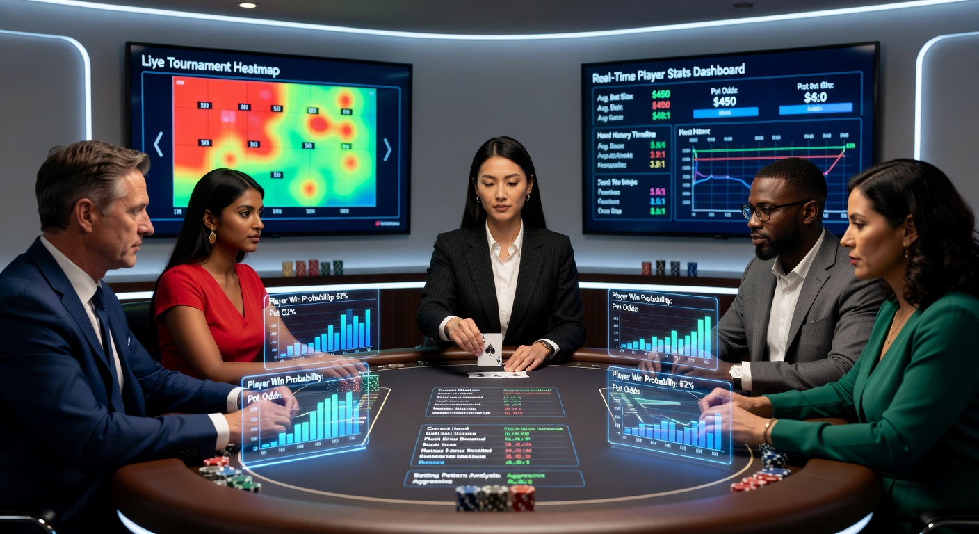 Live dealer poker table with digital overlays showing real-time player statistics and betting patterns during a tournament