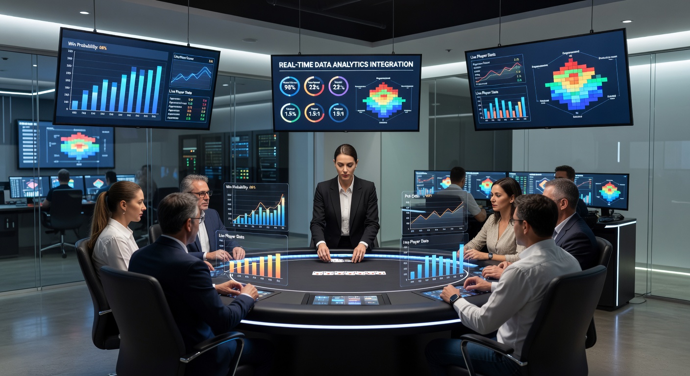 Broadcast control room monitoring real-time poker analytics dashboards with multiple screens displaying player stats and tournament flow