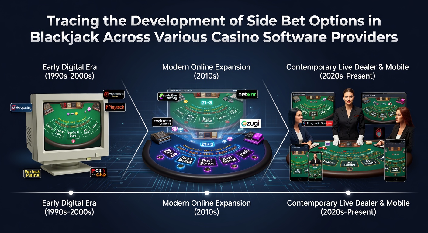 Historical timeline showing early side bet innovations in online blackjack games from major software providers