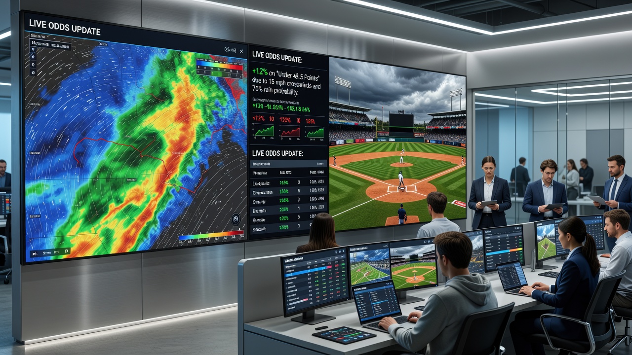 Live odds board displaying weather-driven line changes during an outdoor sports event