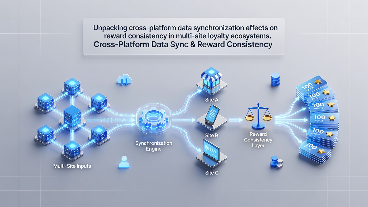 Cross-platform data synchronization in multi-site loyalty programs showing connected networks and reward points flowing between locations
