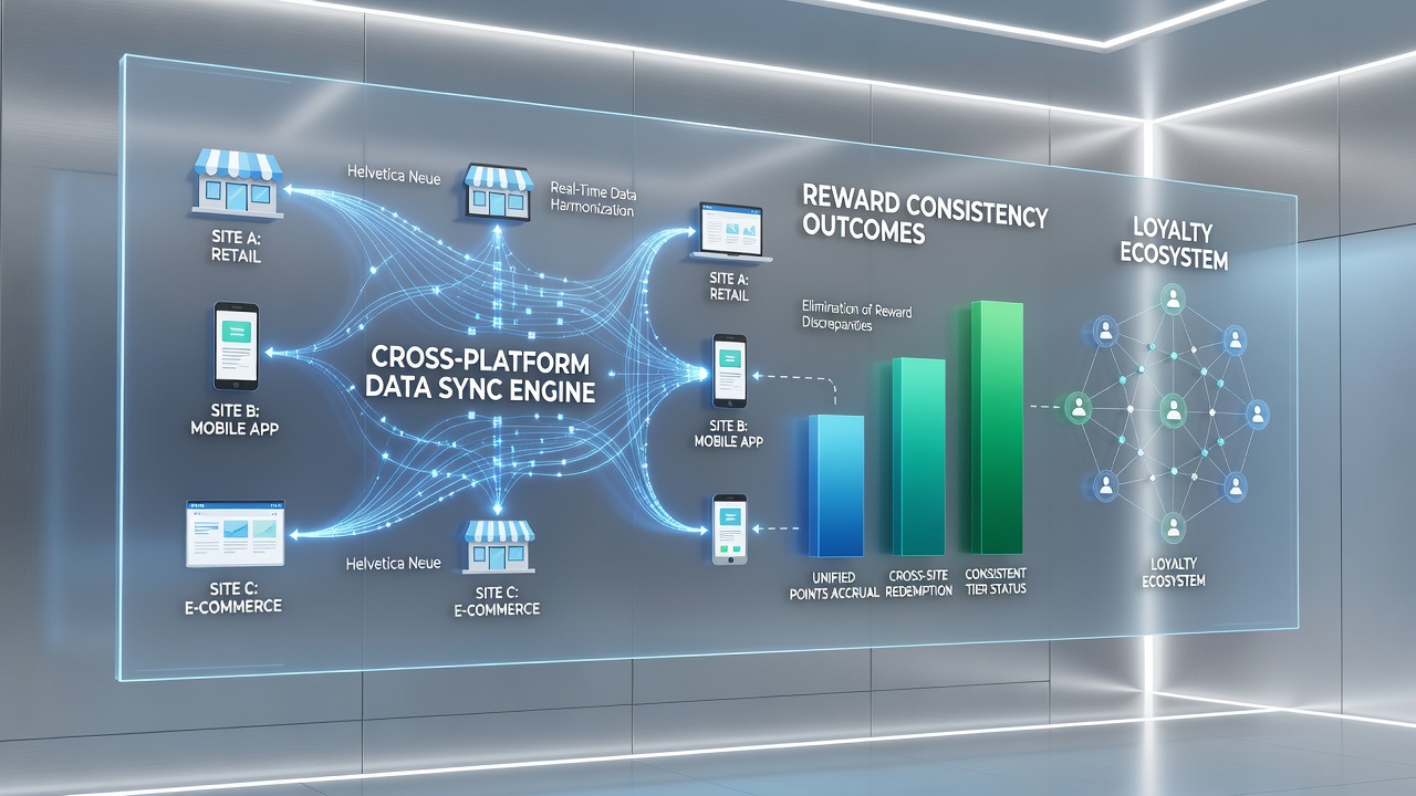 Data flow diagram illustrating synchronization challenges and reward point consistency across multiple loyalty program sites