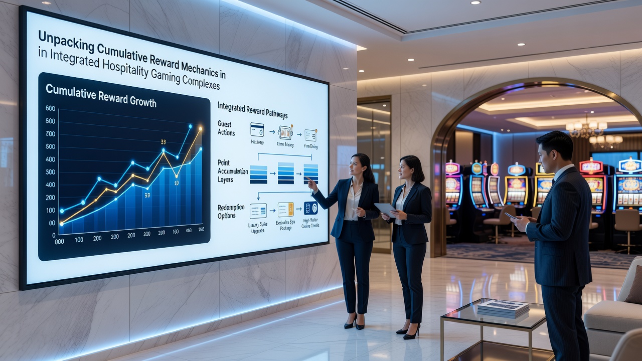 Integrated hospitality gaming complex showing casino floor connected to hotel and dining areas with reward tracking systems