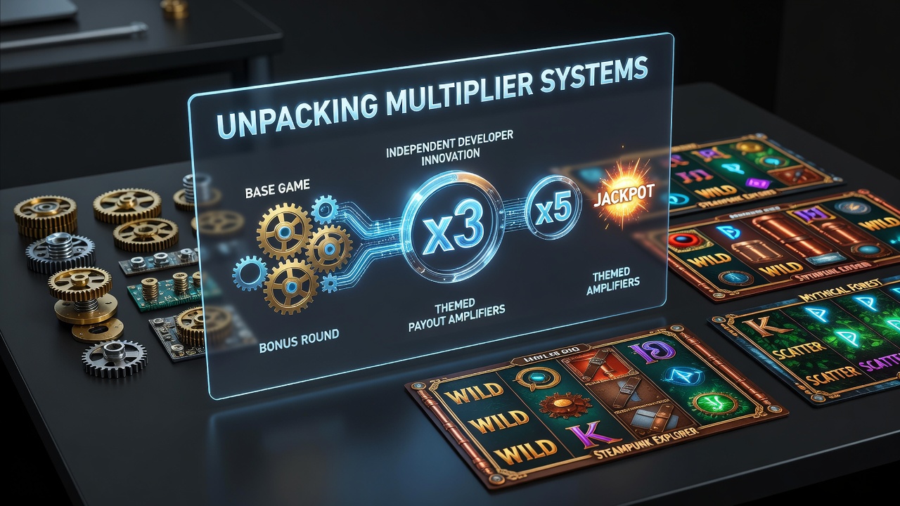 Detailed view of multiplier mechanics displayed across themed video slot reels from independent studios