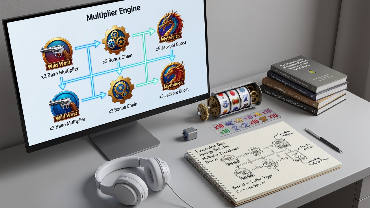 Close-up of cascading reels showing active multiplier values in an independently developed themed slot